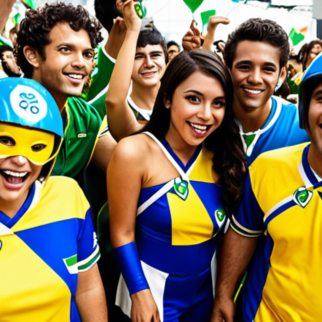 **Prompt:** "Brazilian KartRider Cosplay. A group of friends in vibrant, creative KartRider character costumes pose for a photo at Comic Con Brasil. They are surrounded by cheering fans. Bright, energetic, and fun atmosphere. Reflects Brazilian pop culture and KartRider fandom."