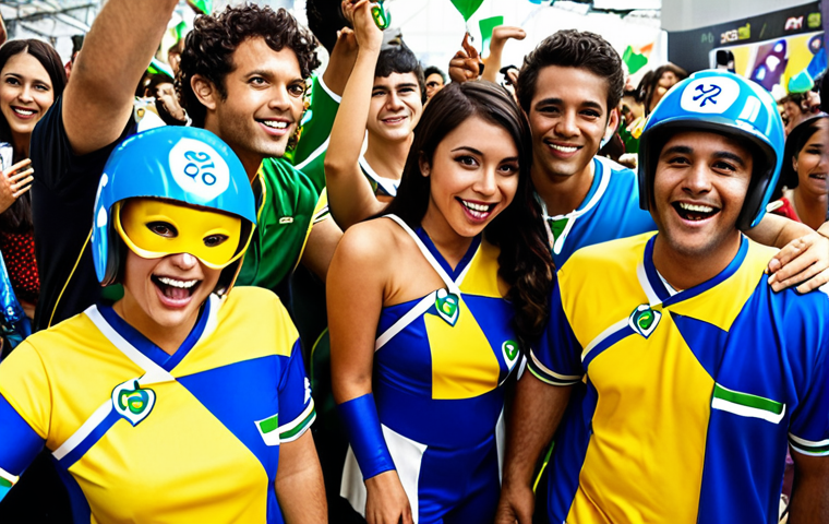 **Prompt:** "Brazilian KartRider Cosplay. A group of friends in vibrant, creative KartRider character costumes pose for a photo at Comic Con Brasil. They are surrounded by cheering fans. Bright, energetic, and fun atmosphere. Reflects Brazilian pop culture and KartRider fandom."