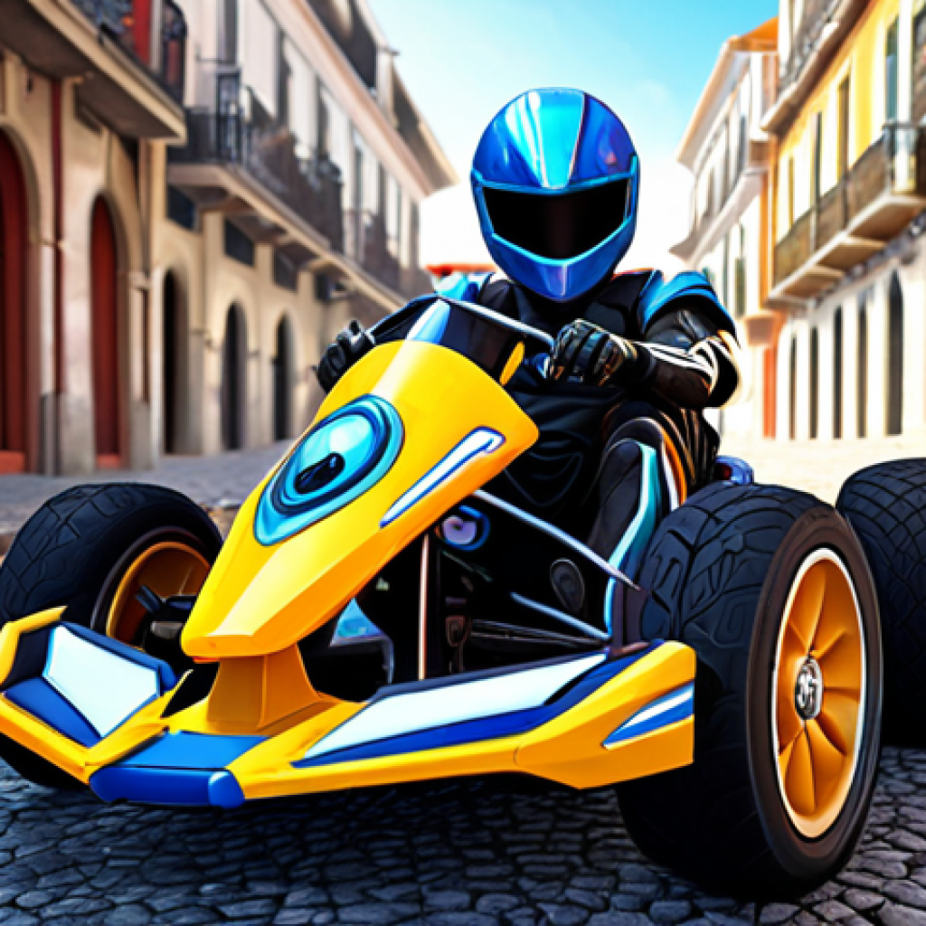 **

A vibrant, hyper-realistic fanart of a KartRider character, possibly inspired by the newest characters and karts. The image should showcase the magic of AI art with detailed textures and visual effects. The setting could be a stylized version of a popular Portuguese landmark, like the Ponte 25 de Abril in Lisbon, with KartRider elements incorporated. Include elements that evoke the fun and nostalgia associated with the game. Emphasize bright colors and a sense of speed. Style: Digital Painting, highly detailed, ArtStation trending.

**