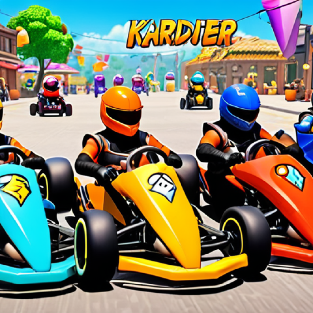 **A vibrant, bustling online KartRider community meetup.** Depict diverse characters with customized karts, sharing tips and tricks, with a backdrop showcasing the game's interface and various in-game items. Focus on the sense of belonging and camaraderie.