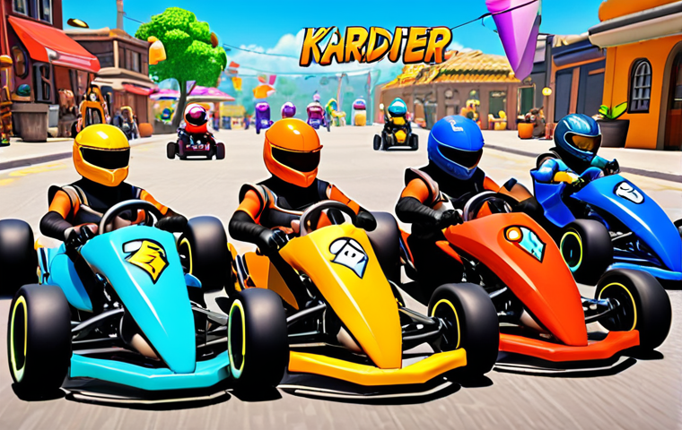 **A vibrant, bustling online KartRider community meetup.** Depict diverse characters with customized karts, sharing tips and tricks, with a backdrop showcasing the game's interface and various in-game items. Focus on the sense of belonging and camaraderie.