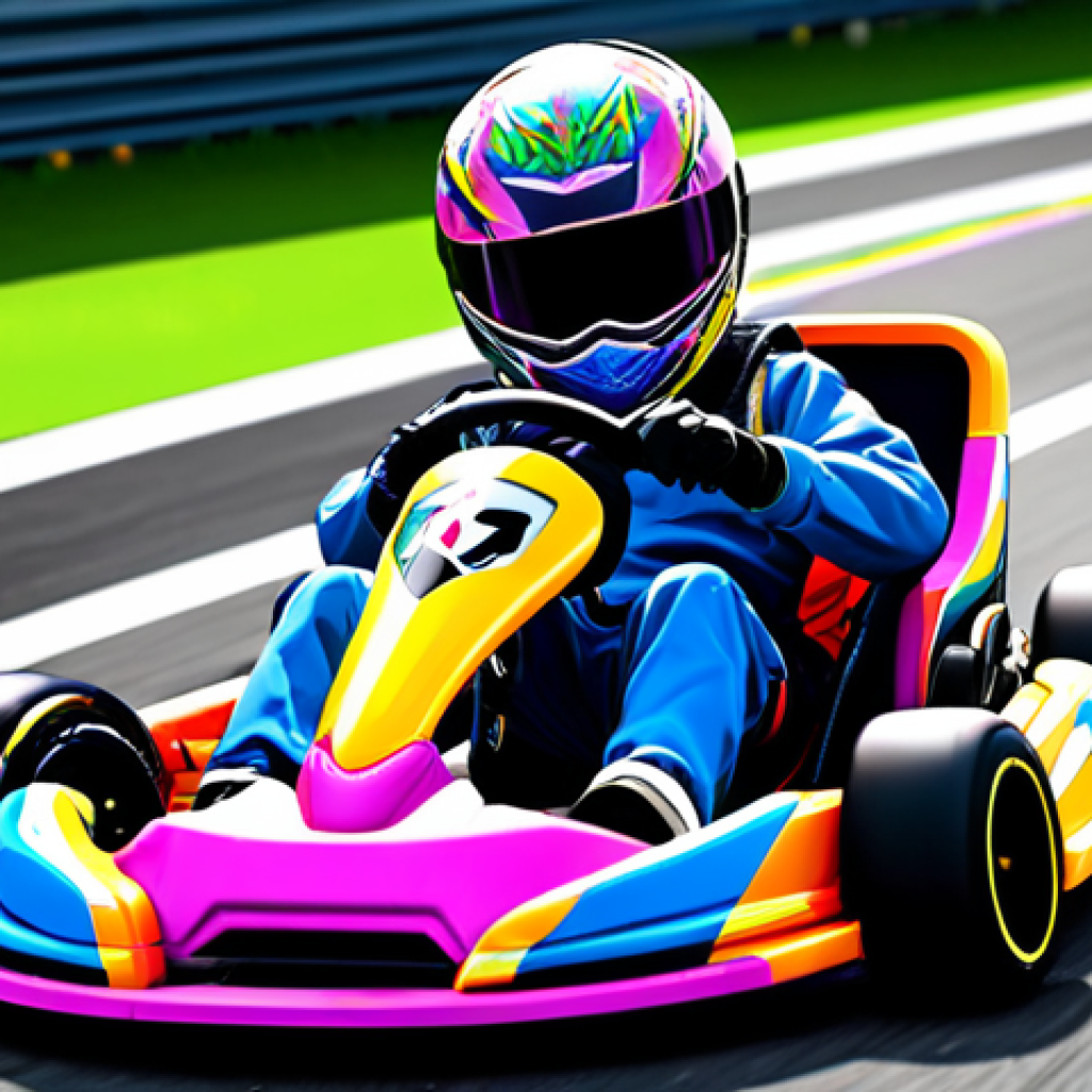 Kart Customization Fanart**

Prompt: "Vibrant fanart of a customized KartRider kart drifting around a colorful track corner. The kart features a unique anime-inspired skin with glowing neon accents. In the background, digital brushes and drawing tablets are subtly incorporated, hinting at the creation process. Capture the excitement and creativity of kart customization with a focus on bright colors and dynamic action."

**