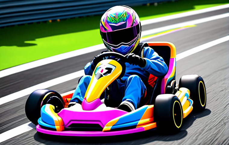 Kart Customization Fanart**
Prompt: "Vibrant fanart of a customized KartRider kart drifting around a colorful track corner. The kart features a unique anime-inspired skin with glowing neon accents. In the background, digital brushes and drawing tablets are subtly incorporated, hinting at the creation process. Capture the excitement and creativity of kart customization with a focus on bright colors and dynamic action."
**