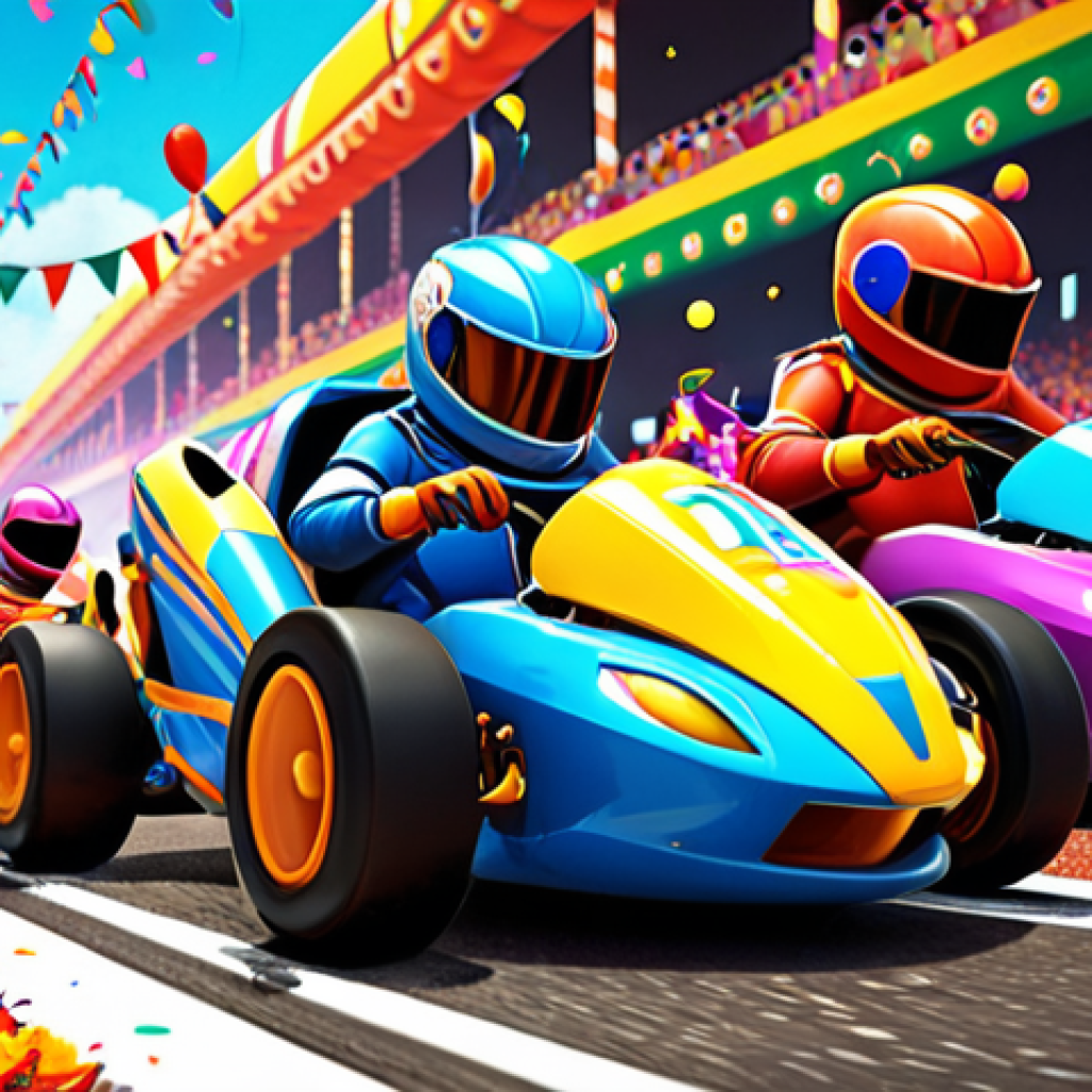 **Prompt:** Vibrant digital illustration of KartRider characters racing on a fantastical track, blending elements of Brazilian Carnival with KartRider's aesthetic. Focus on dynamic poses and a festive atmosphere with bright colors and confetti.