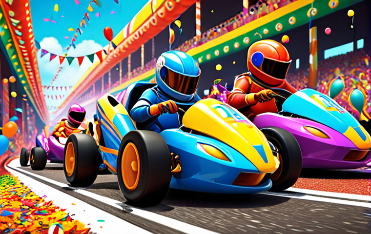 **Prompt:** Vibrant digital illustration of KartRider characters racing on a fantastical track, blending elements of Brazilian Carnival with KartRider's aesthetic. Focus on dynamic poses and a festive atmosphere with bright colors and confetti.