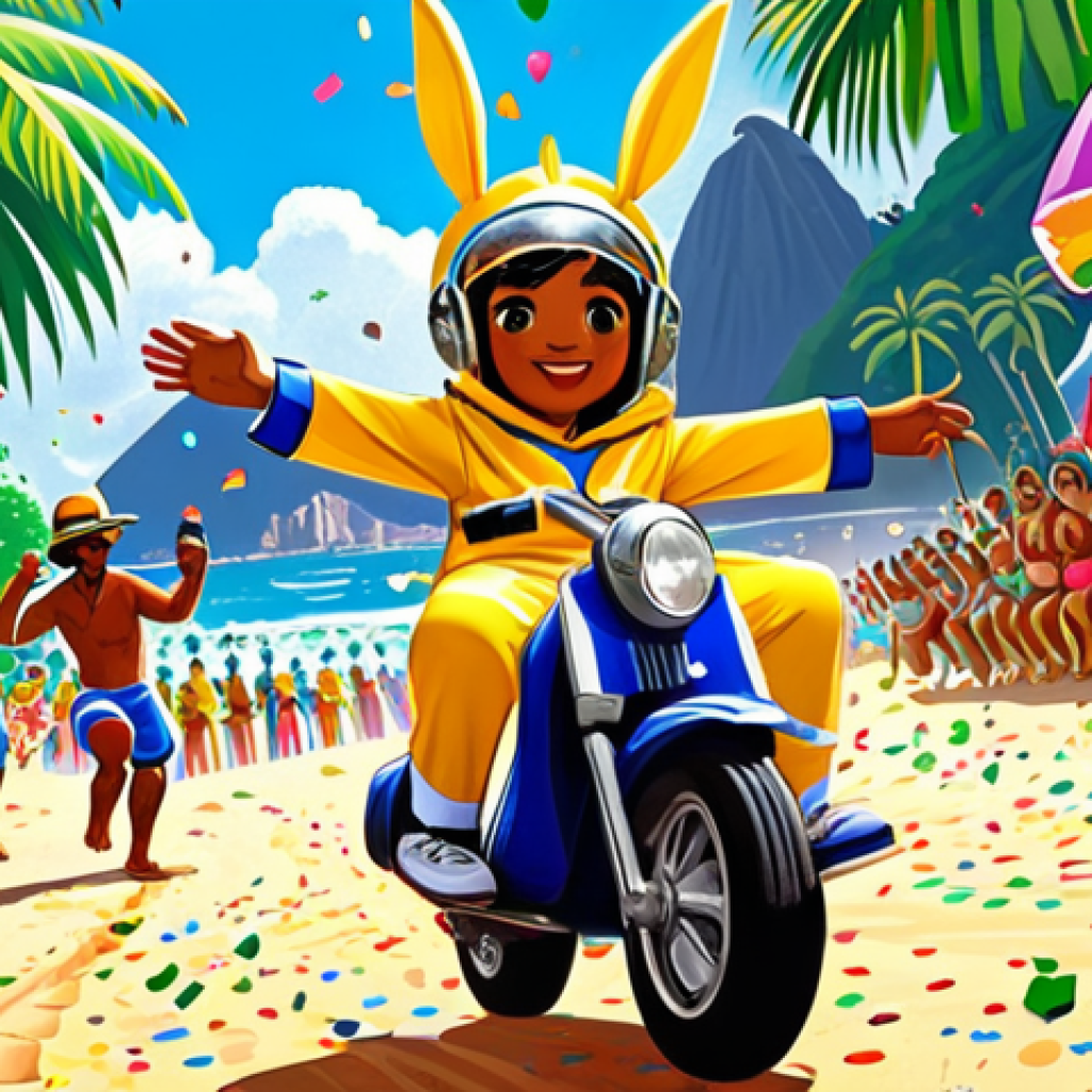 **Prompt:** "A vibrant, colorful fanart of KartRider characters racing through a famous Brazilian landmark like Christ the Redeemer or Copacabana beach. The style should blend the game's cute aesthetic with the lively atmosphere of a Brazilian carnival, incorporating elements like samba dancers, confetti, and vibrant street art. The artwork should radiate a sense of fun, speed, and Brazilian cultural pride."