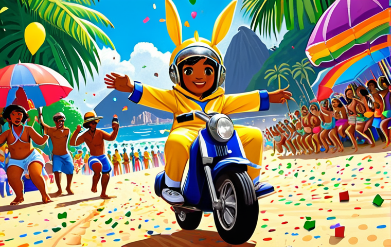 **Prompt:** "A vibrant, colorful fanart of KartRider characters racing through a famous Brazilian landmark like Christ the Redeemer or Copacabana beach. The style should blend the game's cute aesthetic with the lively atmosphere of a Brazilian carnival, incorporating elements like samba dancers, confetti, and vibrant street art. The artwork should radiate a sense of fun, speed, and Brazilian cultural pride."