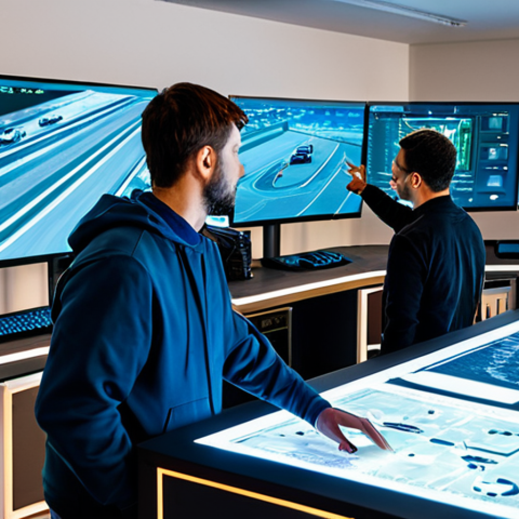 A diverse team of professional game designers and engineers, fully clothed in modest professional attire, collaborating intently in a modern, brightly lit game development studio. They are gathered around a large interactive screen displaying complex 3D models of a futuristic racing track, with data visualizations of player behavior and AI simulations overlaid. Other screens in the background show architectural blueprints and code. The scene emphasizes teamwork, precision, and technological innovation in track design. Perfect anatomy, correct proportions, natural pose, well-formed hands, proper finger count, natural body proportions, professional photography, high quality, safe for work, appropriate content, family-friendly.