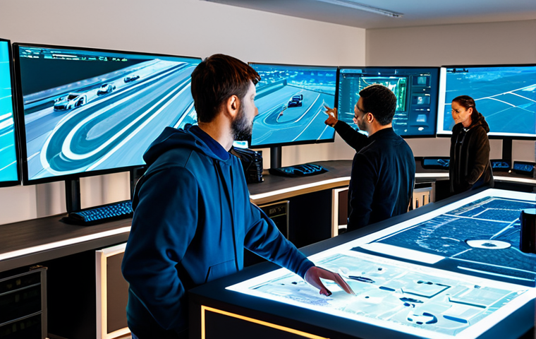A diverse team of professional game designers and engineers, fully clothed in modest professional attire, collaborating intently in a modern, brightly lit game development studio. They are gathered around a large interactive screen displaying complex 3D models of a futuristic racing track, with data visualizations of player behavior and AI simulations overlaid. Other screens in the background show architectural blueprints and code. The scene emphasizes teamwork, precision, and technological innovation in track design. Perfect anatomy, correct proportions, natural pose, well-formed hands, proper finger count, natural body proportions, professional photography, high quality, safe for work, appropriate content, family-friendly.