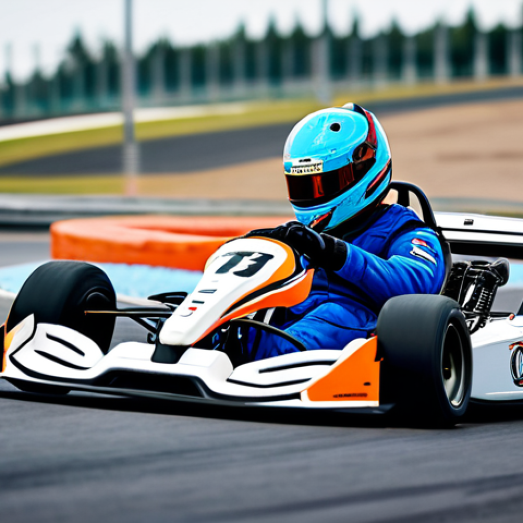 A professional kart racer in a vibrant, modest racing suit and helmet, expertly performing a high-speed drift around a sharp, futuristic race track turn. The racing kart is a sleek, modern design, its tires slightly smoking as it carves a precise line. Dynamic action shot, cinematic lighting, capturing the essence of control and precision. The background shows blurred track details and distant grandstands, conveying speed. fully clothed, appropriate attire, safe for work, perfect anatomy, correct proportions, natural pose, professional, well-formed hands, proper finger count, natural body proportions, modest clothing, family-friendly.