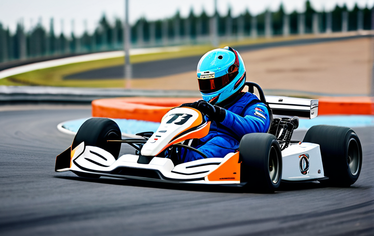 A professional kart racer in a vibrant, modest racing suit and helmet, expertly performing a high-speed drift around a sharp, futuristic race track turn. The racing kart is a sleek, modern design, its tires slightly smoking as it carves a precise line. Dynamic action shot, cinematic lighting, capturing the essence of control and precision. The background shows blurred track details and distant grandstands, conveying speed. fully clothed, appropriate attire, safe for work, perfect anatomy, correct proportions, natural pose, professional, well-formed hands, proper finger count, natural body proportions, modest clothing, family-friendly.