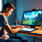 A focused young adult, of diverse background, in a modest, comfortable t-shirt and jeans, sitting at a clean, organized desk. They are deeply engrossed in digital art creation on a tablet, with a stylized, abstract gaming landscape subtly visible on the screen. The scene exudes an atmosphere of authentic creative passion and dedication. Perfect anatomy, correct proportions, natural pose, well-formed hands, proper finger count, natural body proportions, professional lighting, vibrant colors, soft ambient glow, fully clothed, appropriate attire, modest clothing, safe for work, appropriate content, family-friendly, high quality digital illustration, professional photography style.