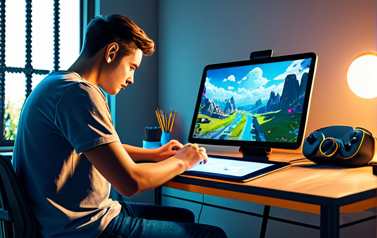 A focused young adult, of diverse background, in a modest, comfortable t-shirt and jeans, sitting at a clean, organized desk. They are deeply engrossed in digital art creation on a tablet, with a stylized, abstract gaming landscape subtly visible on the screen. The scene exudes an atmosphere of authentic creative passion and dedication. Perfect anatomy, correct proportions, natural pose, well-formed hands, proper finger count, natural body proportions, professional lighting, vibrant colors, soft ambient glow, fully clothed, appropriate attire, modest clothing, safe for work, appropriate content, family-friendly, high quality digital illustration, professional photography style.