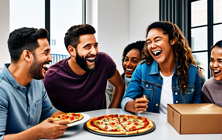 **
"A diverse group of friends laughing and celebrating a KartRider victory, fully clothed in casual attire, gathered around a screen showing the game, pizza boxes and soft drinks on the table, safe for work, family-friendly, perfect anatomy, natural proportions, vibrant colors, digital illustration."
**
