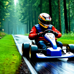 Magic Forest Race**

A fully clothed kart racer, appropriate attire, drifting around a sharp corner in a lush, green forest track. Rain is visible on the track surface. Other racers are visible in the background. The kart has a bright, colorful design. Safe for work, appropriate content, professional gaming scene, perfect anatomy, correct proportions, well-formed hands, natural pose, high quality.

**