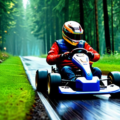 Magic Forest Race**

A fully clothed kart racer, appropriate attire, drifting around a sharp corner in a lush, green forest track. Rain is visible on the track surface. Other racers are visible in the background. The kart has a bright, colorful design. Safe for work, appropriate content, professional gaming scene, perfect anatomy, correct proportions, well-formed hands, natural pose, high quality.

**