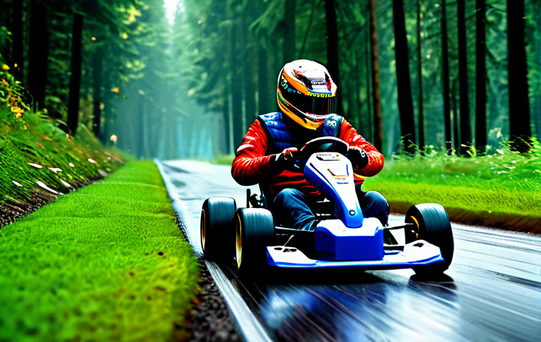 Magic Forest Race**
A fully clothed kart racer, appropriate attire, drifting around a sharp corner in a lush, green forest track. Rain is visible on the track surface. Other racers are visible in the background. The kart has a bright, colorful design. Safe for work, appropriate content, professional gaming scene, perfect anatomy, correct proportions, well-formed hands, natural pose, high quality.
**