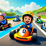 **

"A group of diverse, fully clothed cartoon characters joyfully racing in colorful karts on a whimsical racetrack with loops and jumps, set against a vibrant and playful landscape. The characters are wearing appropriate racing attire. Safe for work, family-friendly, correct proportions, perfect anatomy, well-formed hands, professional illustration, appropriate content."

**