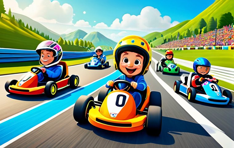 **
"A group of diverse, fully clothed cartoon characters joyfully racing in colorful karts on a whimsical racetrack with loops and jumps, set against a vibrant and playful landscape. The characters are wearing appropriate racing attire. Safe for work, family-friendly, correct proportions, perfect anatomy, well-formed hands, professional illustration, appropriate content."
**