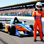 **

A professional female race car driver in a fully branded racing suit with sponsor logos, standing confidently next to a brightly colored go-kart on a sunny racetrack. Background shows a blurred view of the pit lane and cheering spectators. Appropriate attire, safe for work, perfect anatomy, well-formed hands, natural pose, professional photography, high quality.

**