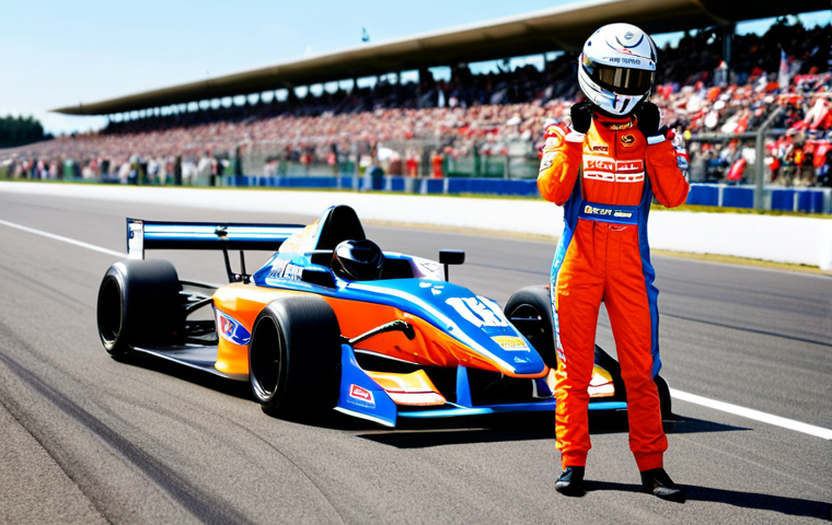 **
A professional female race car driver in a fully branded racing suit with sponsor logos, standing confidently next to a brightly colored go-kart on a sunny racetrack. Background shows a blurred view of the pit lane and cheering spectators. Appropriate attire, safe for work, perfect anatomy, well-formed hands, natural pose, professional photography, high quality.
**