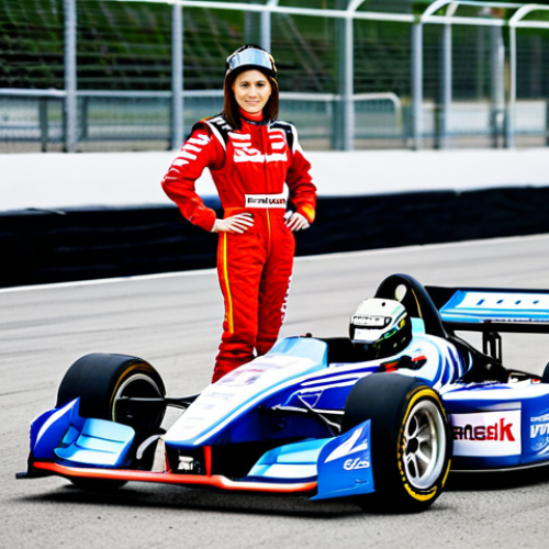 **

A professional female race car driver in a fully clothed, modern racing suit, standing next to her customized kart in the pit lane of a brightly lit race track. The kart features sponsor logos and vibrant colors. Background shows team members and other karts. Safe for work, appropriate content, fully clothed, professional photography, perfect anatomy, natural proportions, well-formed hands, proper finger count.

**