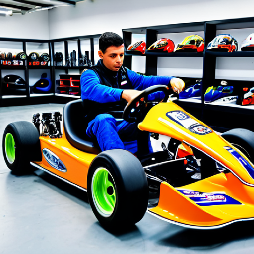 Kart Customization**

"A brightly colored, customized kart at a kart racing shop in Portugal, fully clothed driver making adjustments, appropriate attire, safe for work, perfect anatomy, well-formed hands, professional photograph, family-friendly."

**