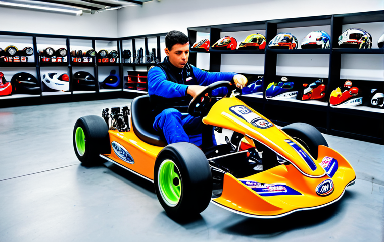 Kart Customization**
"A brightly colored, customized kart at a kart racing shop in Portugal, fully clothed driver making adjustments, appropriate attire, safe for work, perfect anatomy, well-formed hands, professional photograph, family-friendly."
**