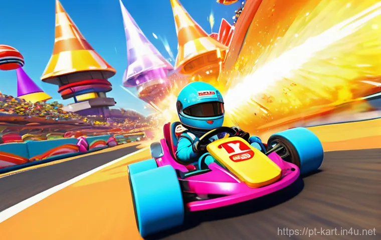 카트라이더 초보자를 위한 글로벌 대회 준비 - **Prompt 1: Intense Drift Apex**
    "A vibrant, cartoon-style racing kart, sleek and aerodynamic, e...