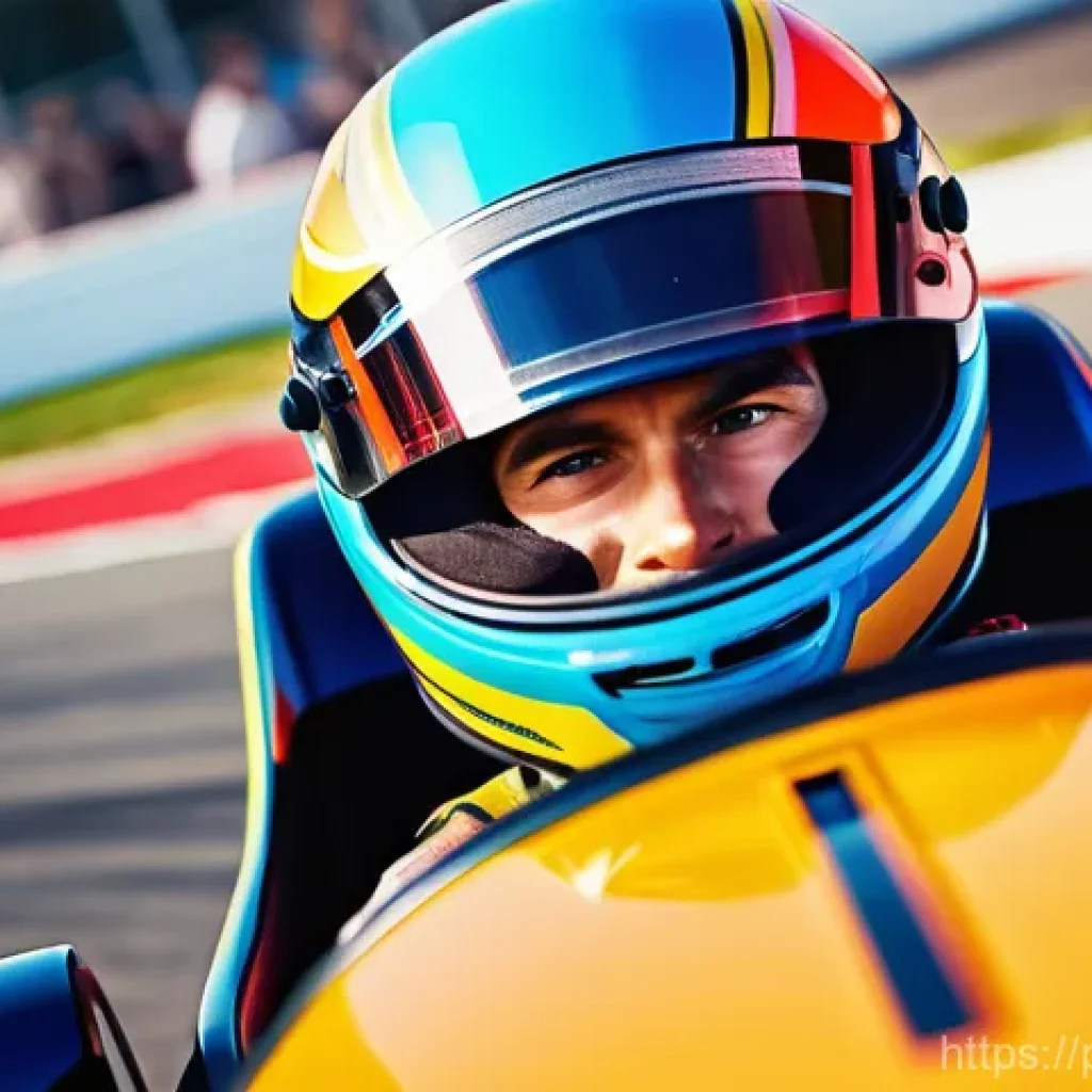 카트라이더 초보자용 영상 콘텐츠 - A dynamic, energetic close-up of a youthful male racer, dressed in a vibrant, futuristic racing suit...