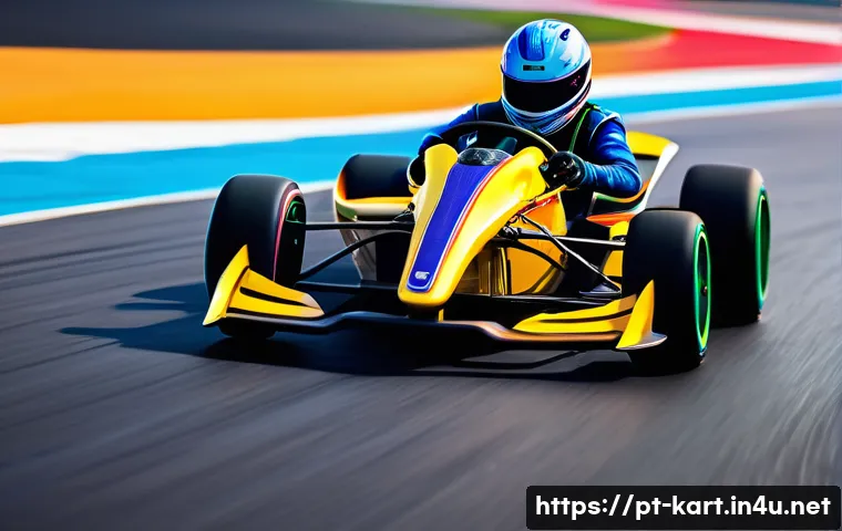 카트라이더 초보 유저 드리프트 연습법 - A dynamic, high-angle shot of a skilled racer expertly executing a continuous drift on a winding tra...