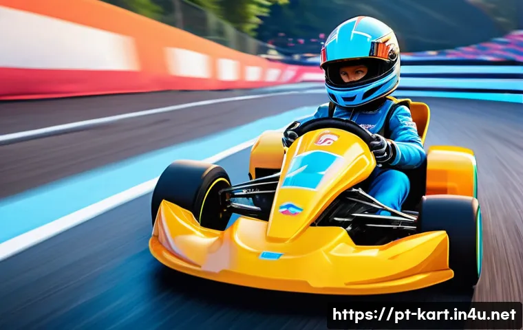카트라이더 전설급 아이템 공략 - A dynamic scene in a vibrant KartRider race. A male racer in a complete racing suit and helmet, driv...