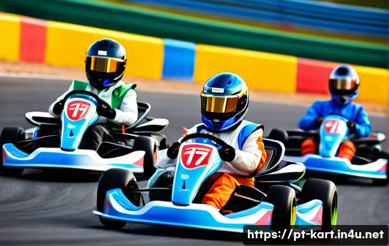 카트라이더 아이템전 팀 전략 - A dynamic team of four diverse kart racers communicating intensely via headsets during a high-speed ...