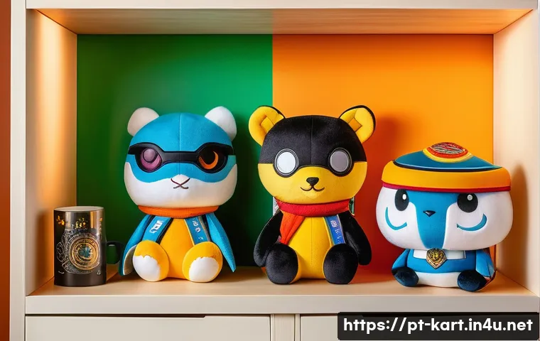 카트라이더 공식 굿즈 리스트 - A cozy and vibrant room corner showcasing official KartRider plushies of iconic characters in variou...