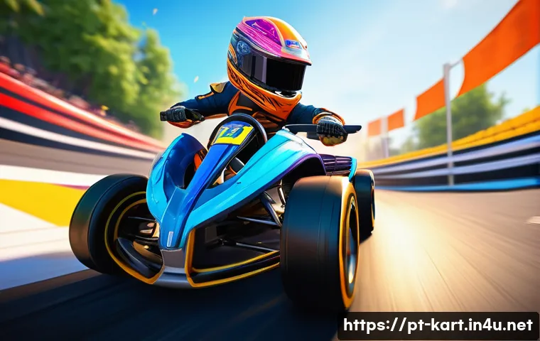 카트라이더 랭크전 승률 분석 - A dynamic and colorful KartRider racing scene on a vibrant, winding map filled with sharp curves, ob...