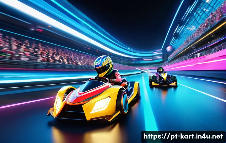 카트라이더 이벤트 활용 기술 - A dynamic KartRider racing scene featuring vibrant, colorful karts speeding through a futuristic tra...