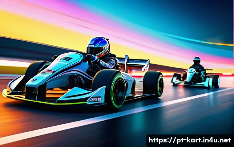 카트라이더 신규 유저의 트랙 공략 요령 - A detailed futuristic kart racing scene set on a vibrant track with neon-lit, angled curves and adva...