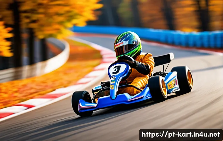 카트라이더 드리프트 테크닉 영상 - A dynamic scene of a professional kart racing on a winding track during a sunset, capturing the kart...