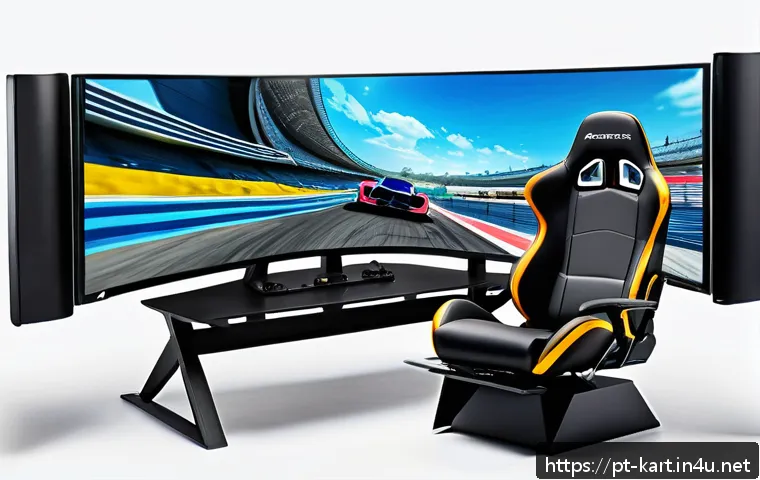 카트라이더 사용자 설정 최적화 - A high-tech gaming setup focused on a PC racing simulation environment for KartRider, showcasing a s...