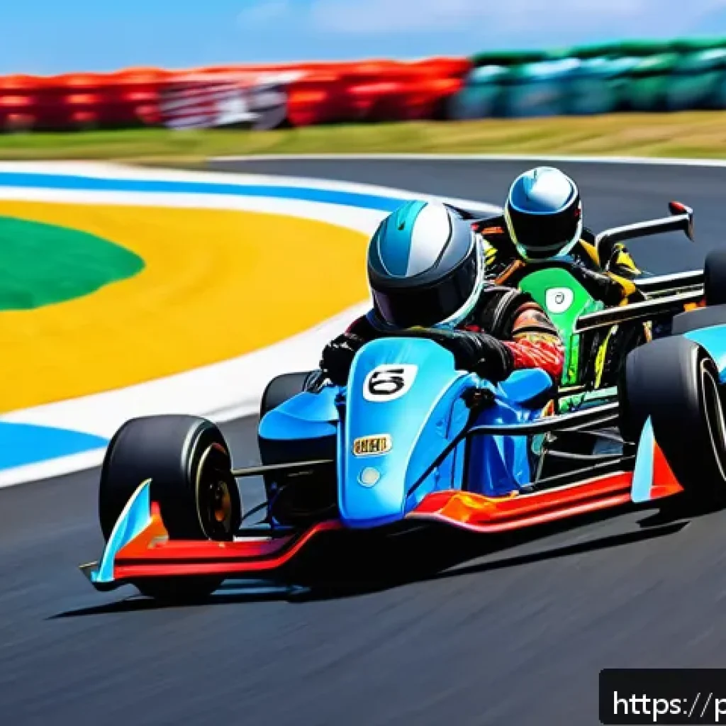 카트라이더 팀전 승리 공략 - A dynamic kart racing team in vibrant racing suits coordinating on a colorful, winding track filled ...