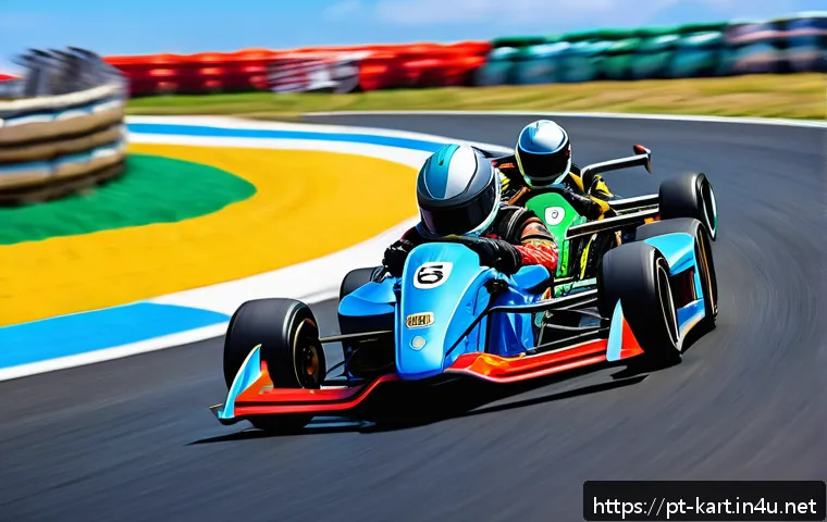 카트라이더 팀전 승리 공략 - A dynamic kart racing team in vibrant racing suits coordinating on a colorful, winding track filled ...