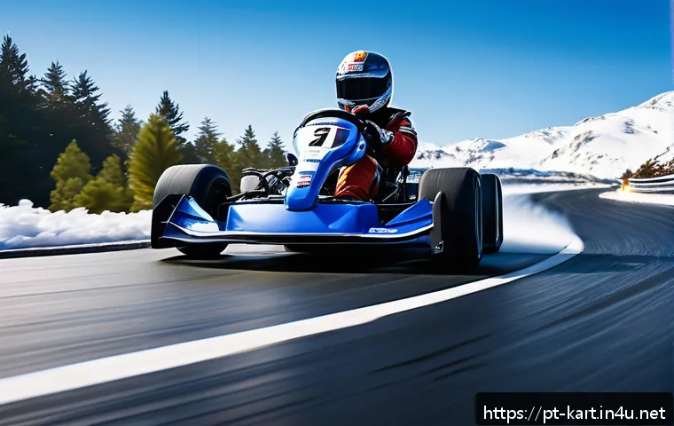 카트라이더 신규 업데이트와 드리프트 조언 - A dynamic kart racing scene set in a snowy mountain environment with long sweeping curves and a slip...