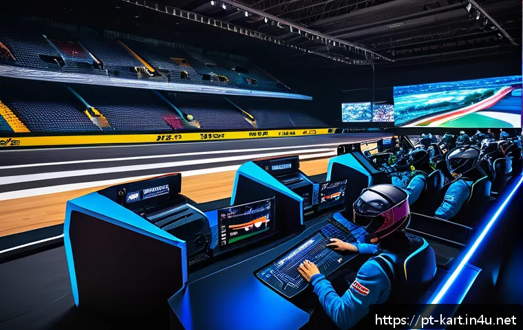 카트라이더 초보 유저를 위한 팀플레이 비결 - A dynamic esports team in the middle of a KartRider race, wearing colorful racing suits and headsets...