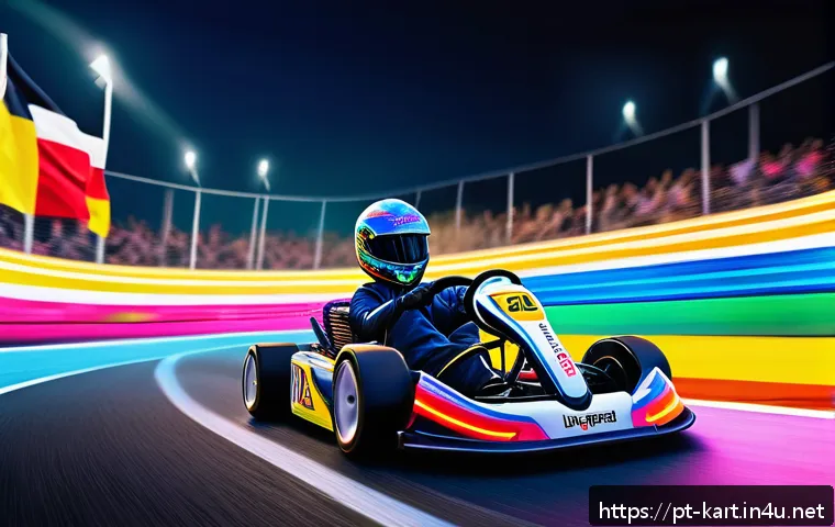 카트라이더 시즌 패스 리뷰 - A vibrant kart racing scene featuring a sleek, futuristic kart with a unique, glowing skin design an...
