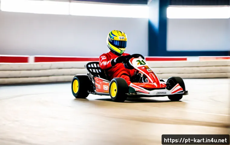 Home 30 카트라이더 포인트 시스템 이해 - Photorealistic indoor go-kart track scene in Brazil, a focused adult driver wearing a full helmet an...