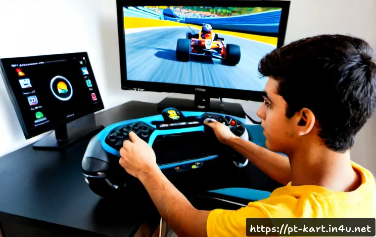 Home 17 카트라이더 초보자 레벨업 플랜 - Photorealistic young Portuguese gamer in a bright Lisbon apartment, focused on a colorful kart racin...