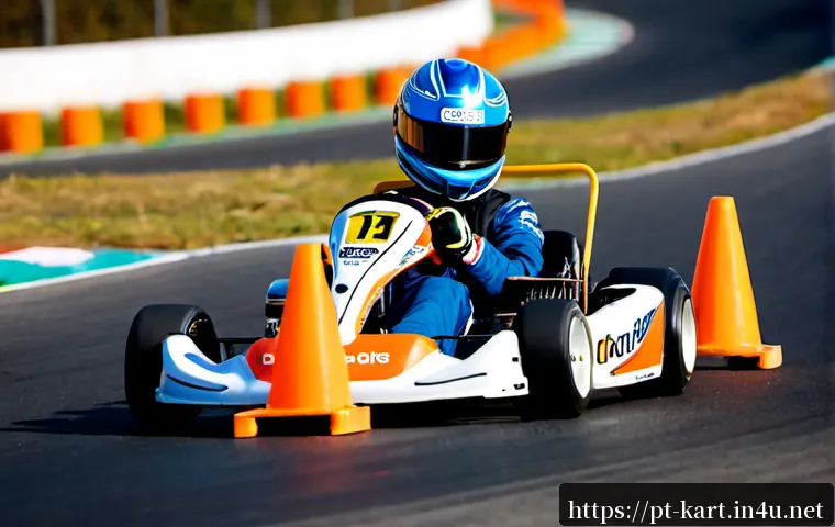 카트라이더 초보자 필독 공략 - Photorealistic beginner kart racing scene at a sunny outdoor circuit in Portugal, young adult driver...