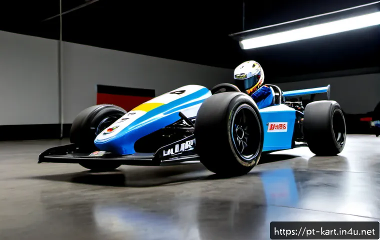카트라이더 신규 업데이트 예고 - Photorealistic futuristic go-kart racing garage in São Paulo, Brazil, a sleek unbranded racing kart ...