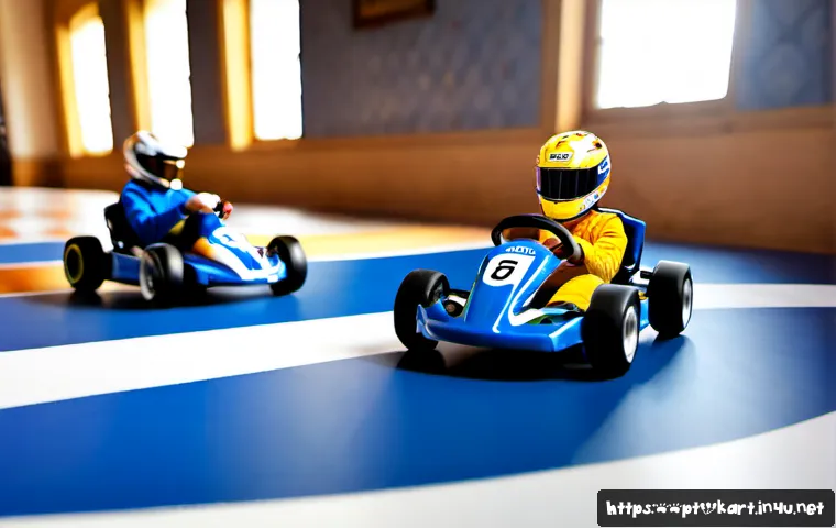 카트라이더 이색 플레이법 - Photorealistic tabletop racing challenge, four colorful miniature go-karts navigating a handcrafted ...