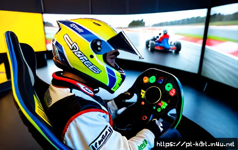 Home 17 카트라이더 드리프트 숙련 팁 - Photorealistic indoor kart racing simulator scene, focused young adult driver wearing a full helmet ...